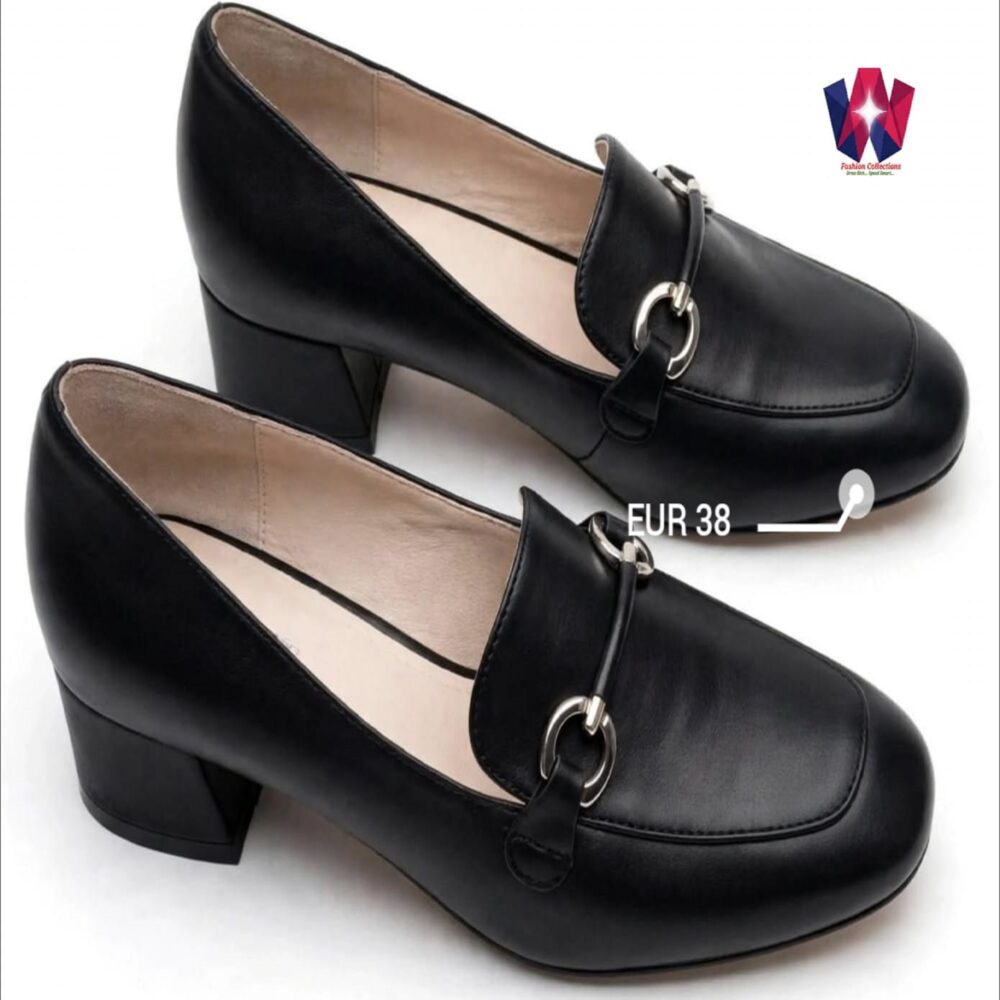 Women’s Black Buckle Detail Block Heel Loafers