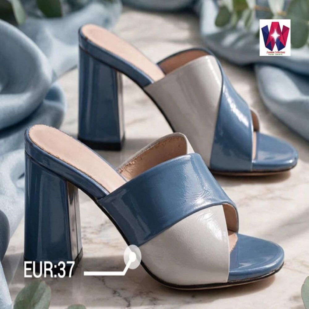 Women’s Blue & White Open-Toe Block Heel Mule Sandals