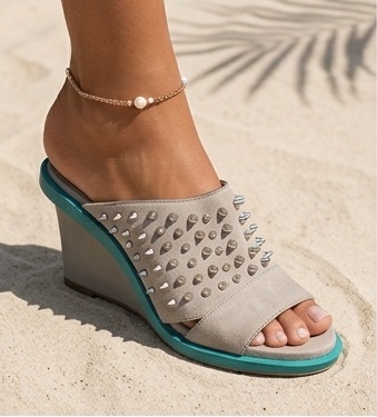 Women’s Beige Studded Platform Wedge Mules with Turquoise Sole - Image 2