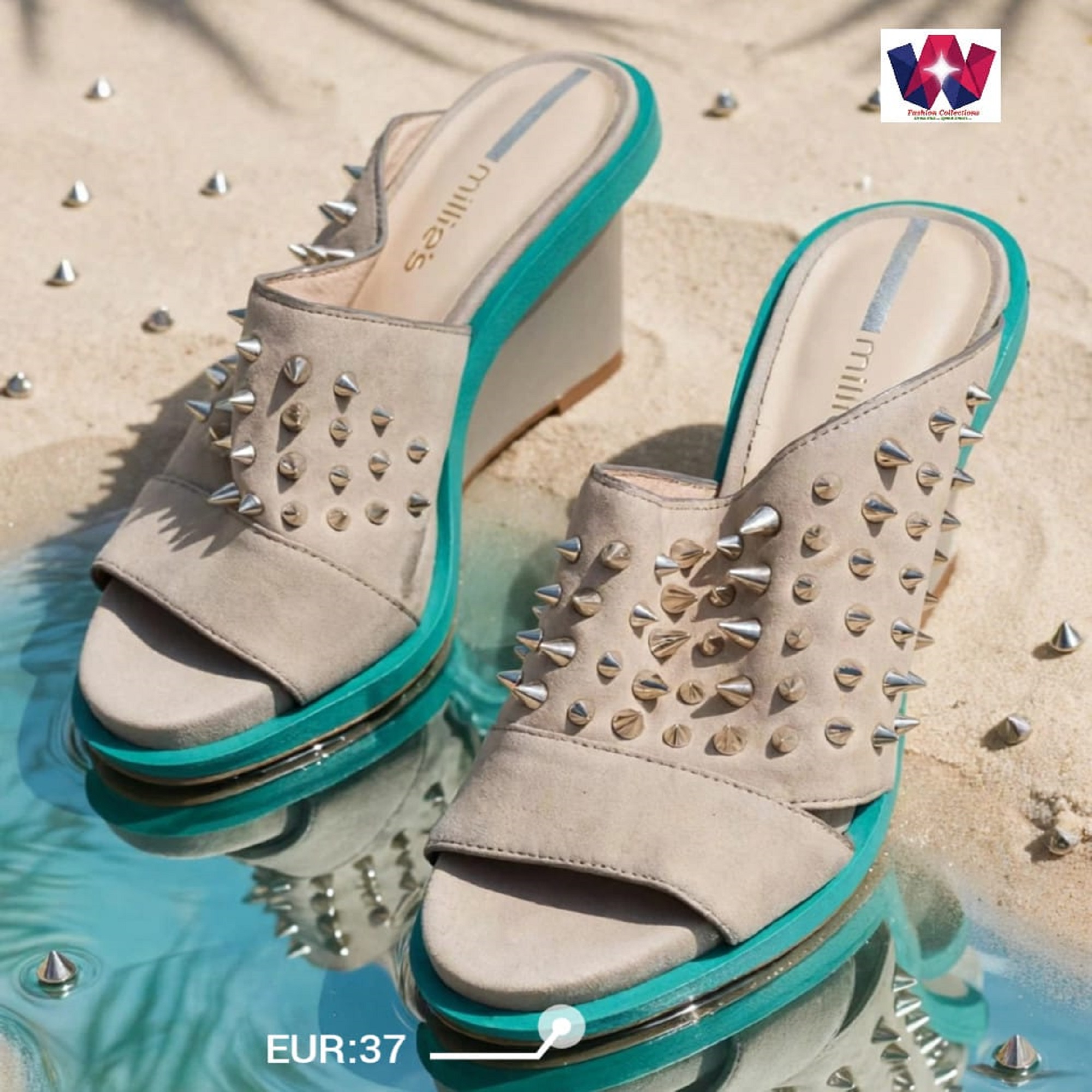 Women’s Beige Studded Platform Wedge Mules with Turquoise Sole