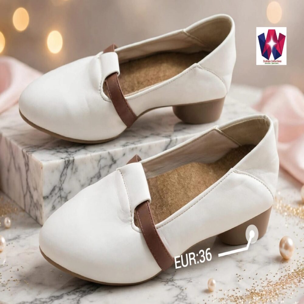 Women’s White Low Heel Mary Jane Pumps with Brown Strap