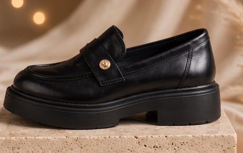 Black Platform Loafers with Gold-Tone Button Detail - Image 2