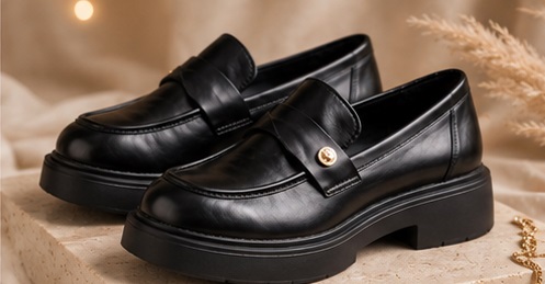 Black Platform Loafers with Gold-Tone Button Detail - Image 3