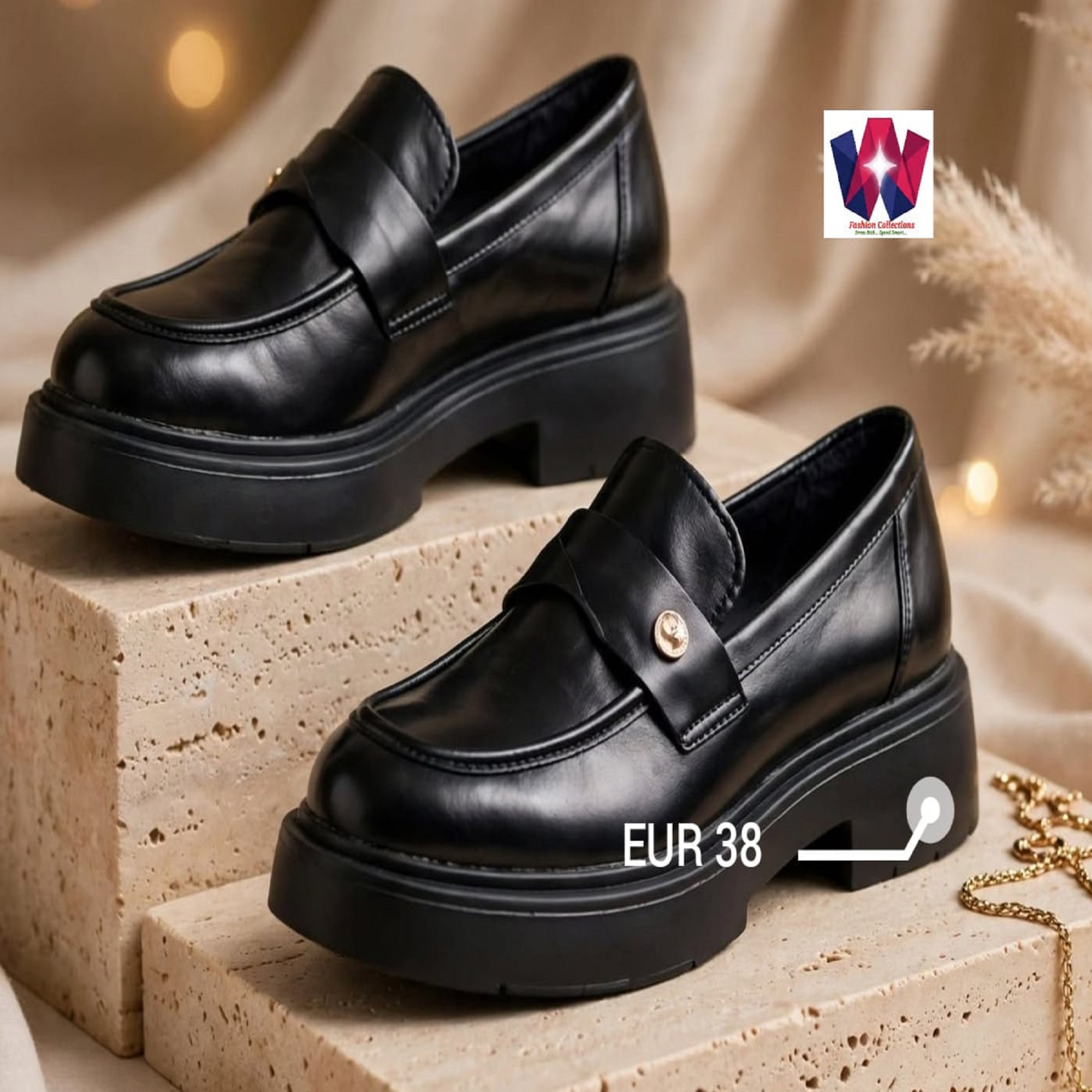 Black Platform Loafers with Gold-Tone Button Detail