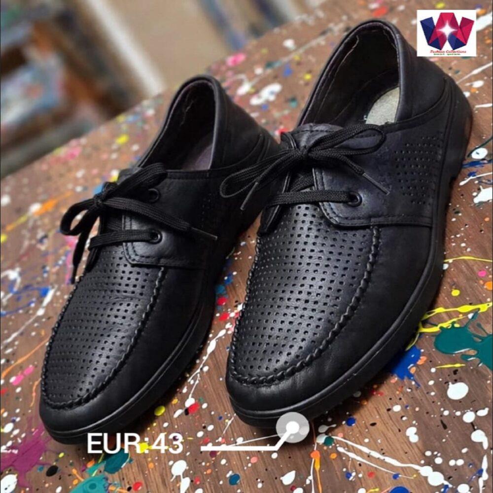 Men's Black Perforated Leather Casual Lace-Up Shoes