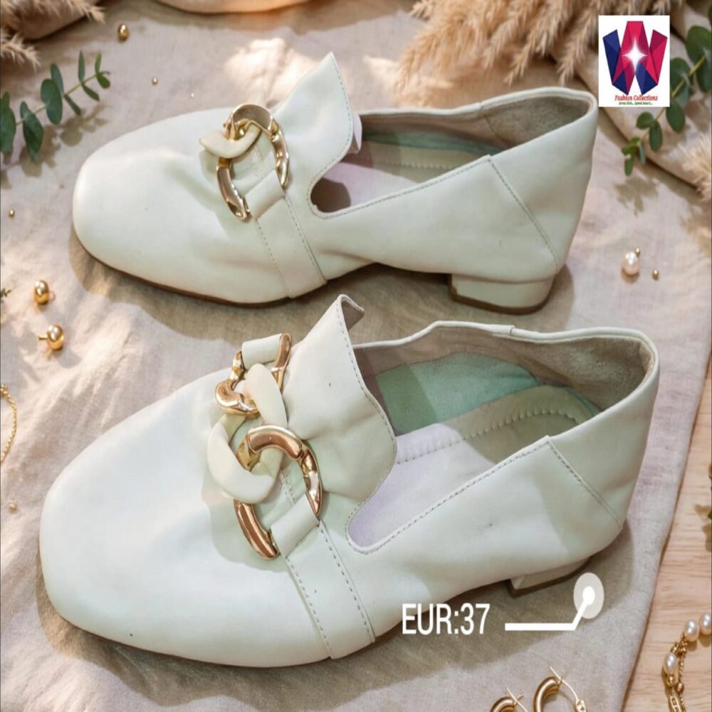 Women’s Ivory Mary Jane Low Heel Shoes with Gold Buckle