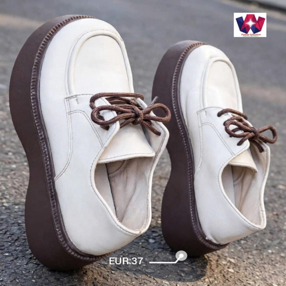 White Lace-Up Platform Casual Shoes with Brown Sole