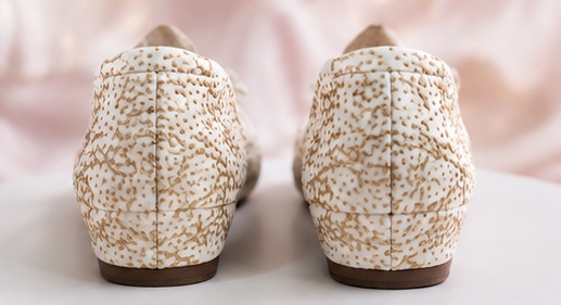 Women’s Ivory & Gold Patterned Wedge Pumps with Rhinestone Bow - Image 2