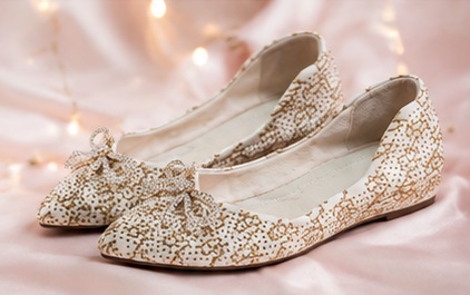 Women’s Ivory & Gold Patterned Wedge Pumps with Rhinestone Bow - Image 4