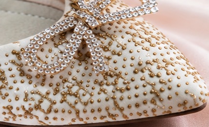 Women’s Ivory & Gold Patterned Wedge Pumps with Rhinestone Bow - Image 3