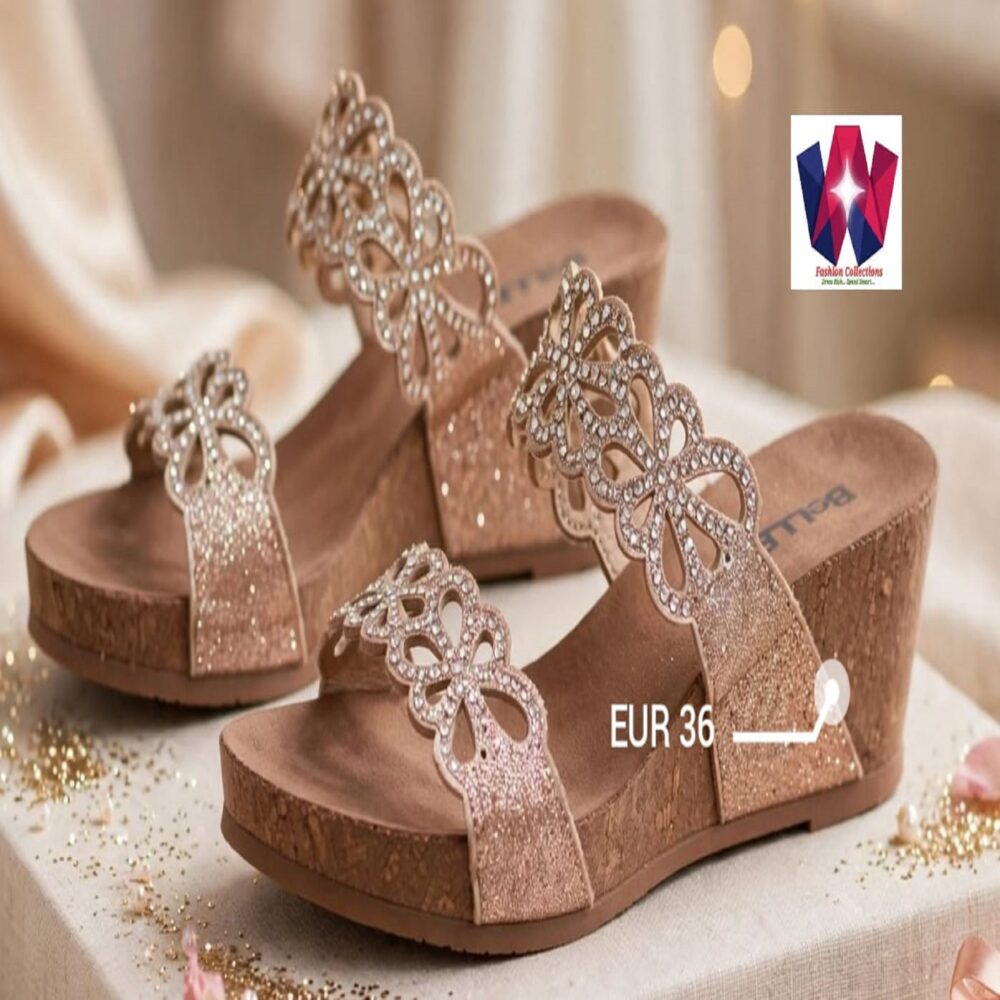 Women’s Champagne Glitter Embellished Wedge Sandals