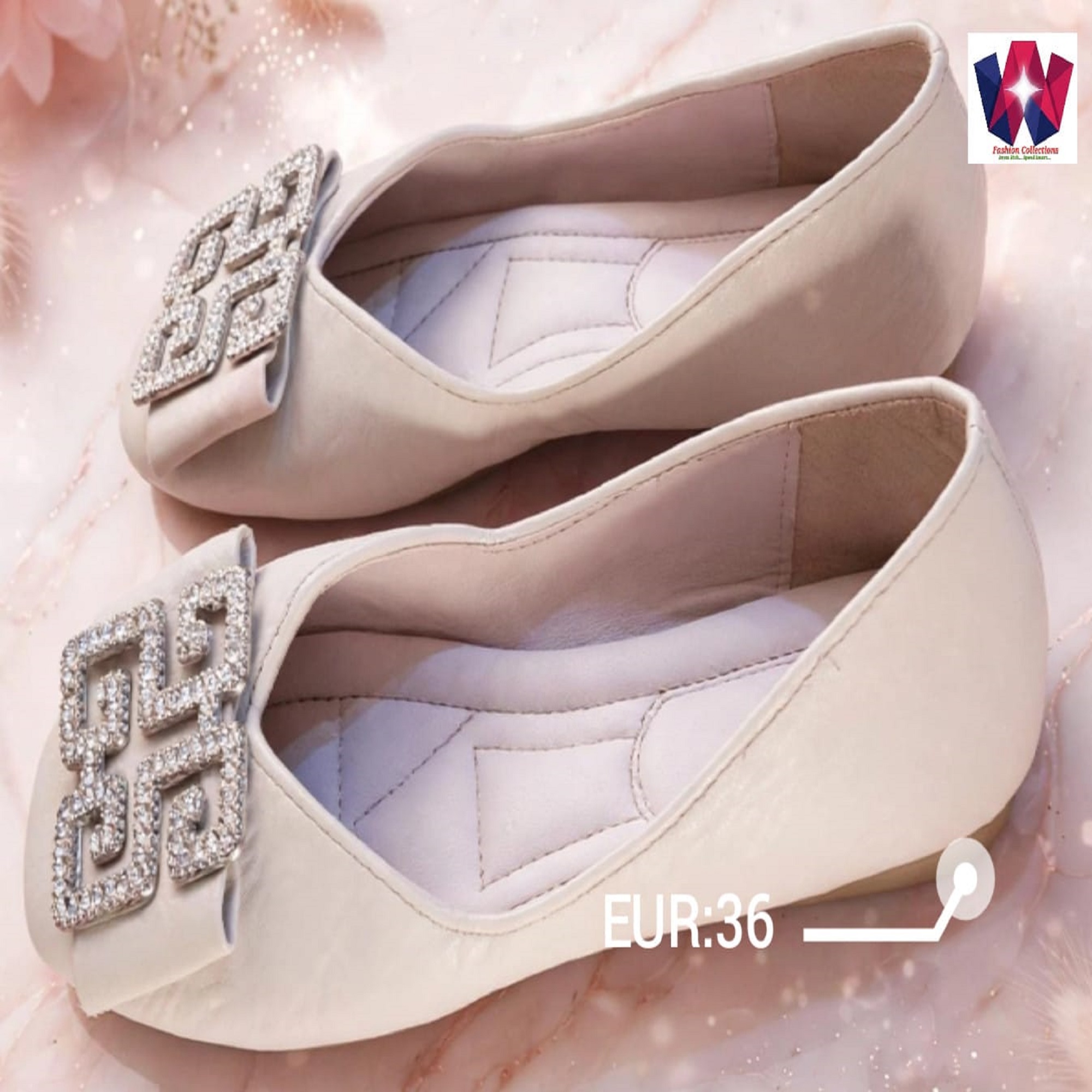 Women’s Beige Pointed-Toe Rhinestone Bow Flat Shoes