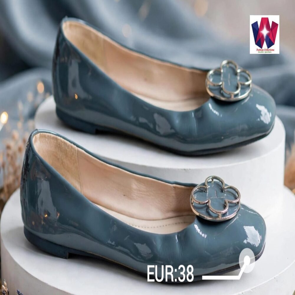 Women’s Glossy Blue Wedge Pumps with Flower Detail