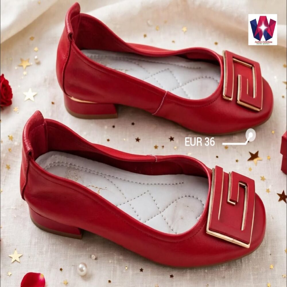 Women’s Red Ballet Flats with Gold Geometric Buckle