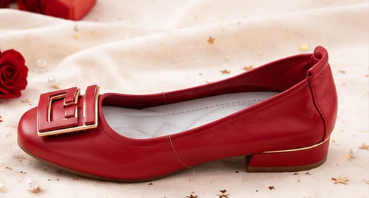 Women’s Red Ballet Flats with Gold Geometric Buckle - Image 2