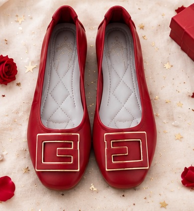 Women’s Red Ballet Flats with Gold Geometric Buckle - Image 4
