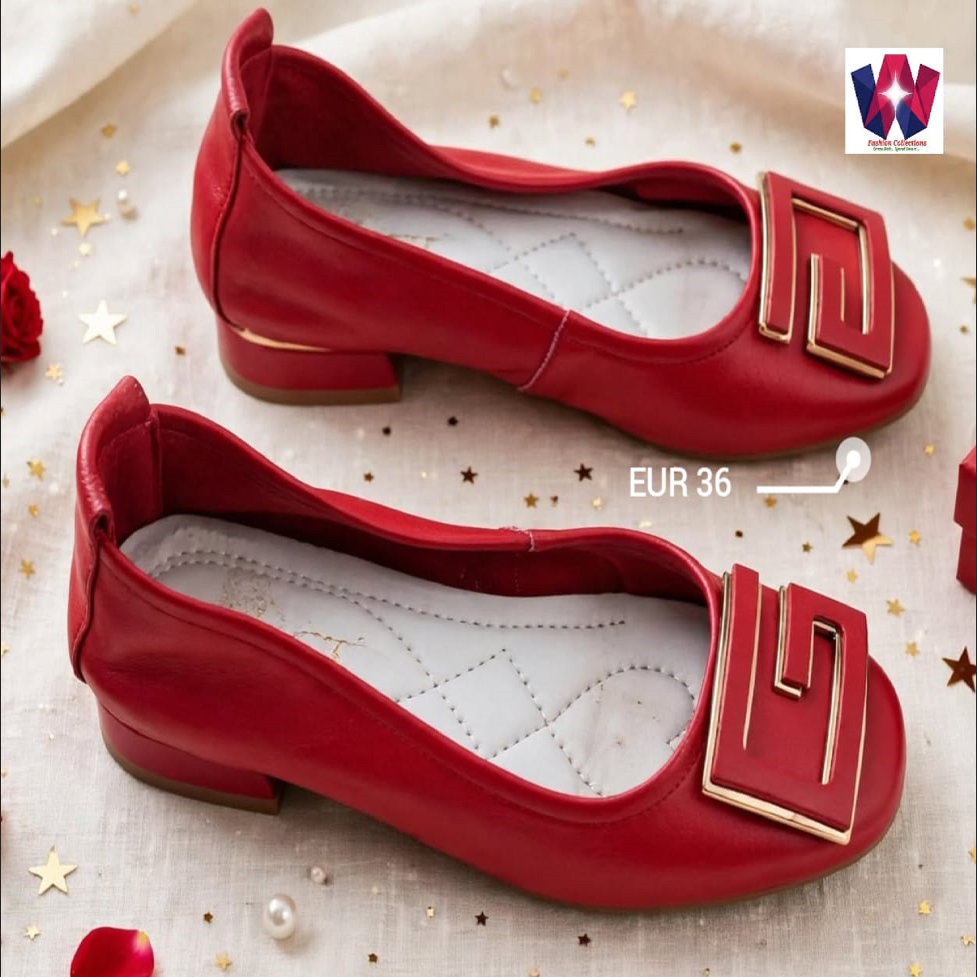 Women’s Red Ballet Flats with Gold Geometric Buckle