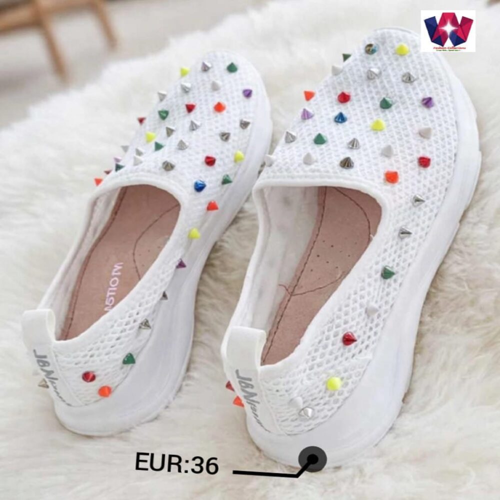 White Mesh Slip-On Flat Shoes with Colorful Studs