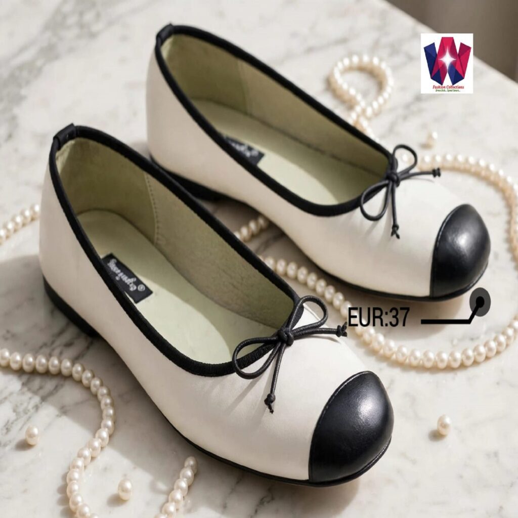 Women’s Cream & Black Bow Ballet Flats with Cap Toe