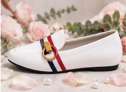 Women’s White Casual Loafers with Red & Navy Stripe Detail - Image 2