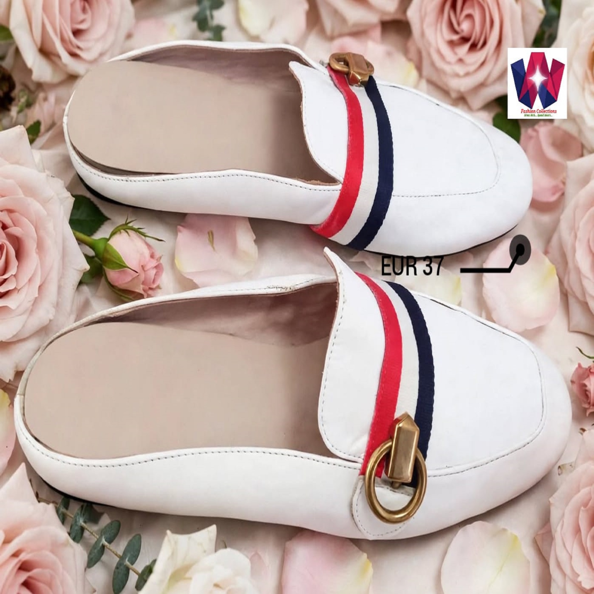 Women’s White Casual Loafers with Red & Navy Stripe Detail
