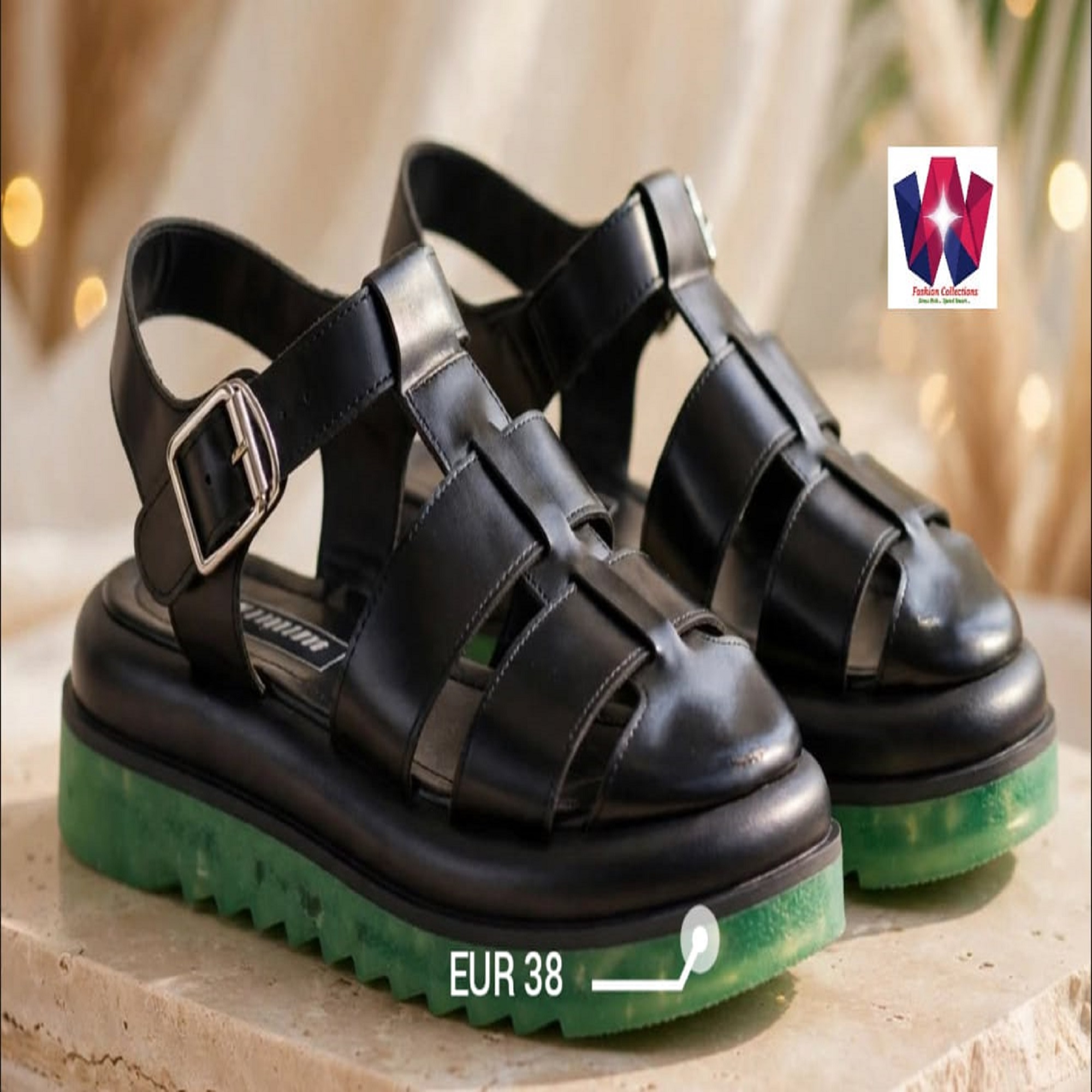 Black Fisherman Strap Sandals with Green Lug Sole