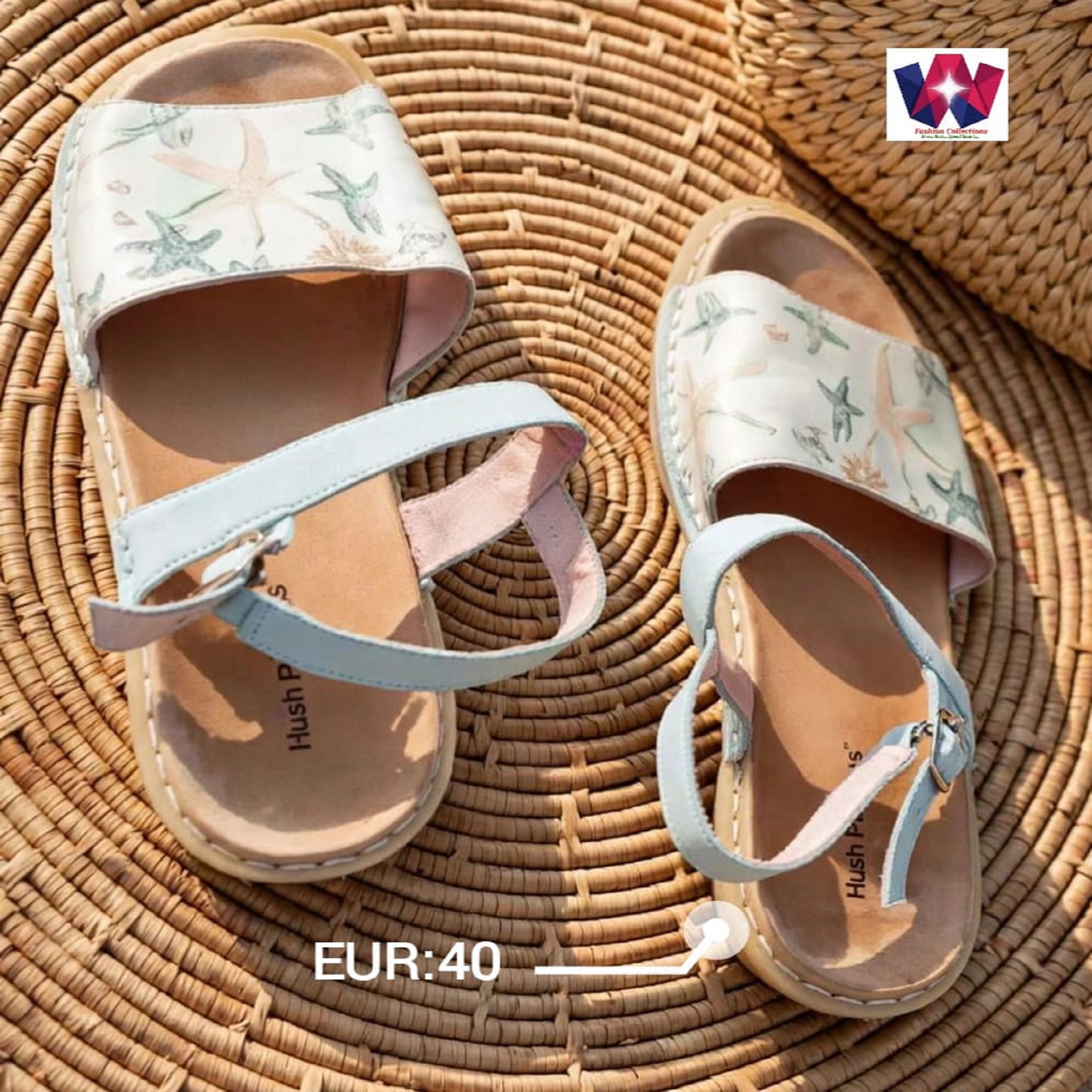 Women’s Light Blue Starfish Print Flat Sandals with Ankle Strap