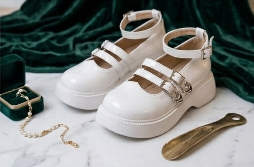 Women’s White Glossy Multi-Strap Mary Jane Flat Shoes - Image 5