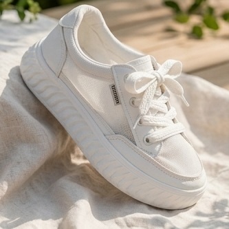 White Breathable Lace-Up Casual Sneakers - Image 3