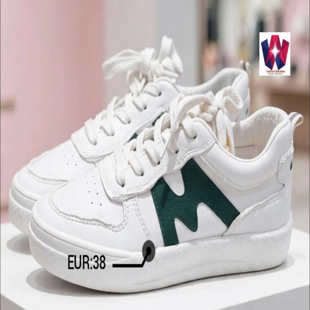White & Forest Green Lace-Up Casual Sneakers