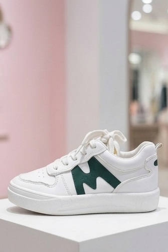 White & Forest Green Lace-Up Casual Sneakers - Image 3