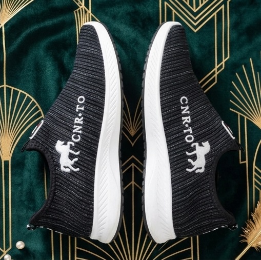 Black Knit Slip-On Sneakers with White Sole - Image 2