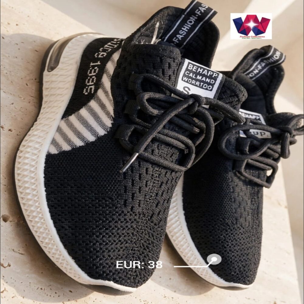 Black Breathable Knit Lace-Up Running Sneakers