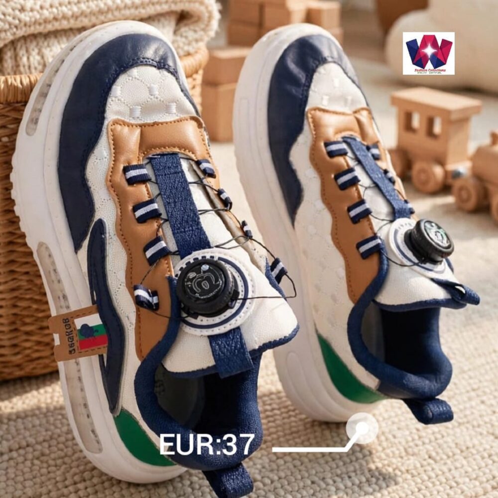 Navy Blue & White Lace-Up Dial Sneakers with Green Accent