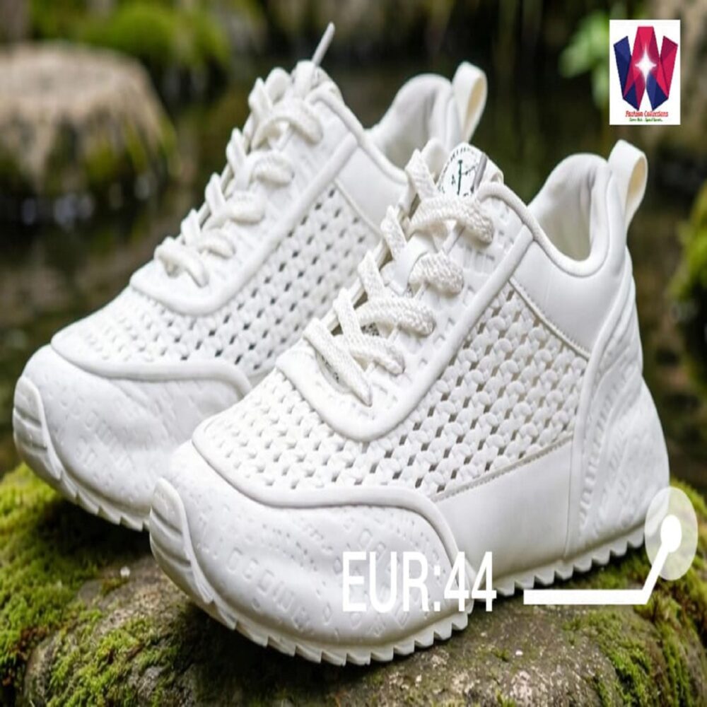 All-White Breathable Woven Lace-Up Walking Sneakers