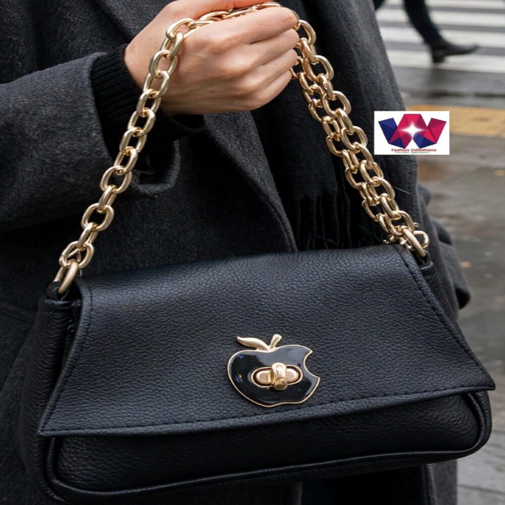 Black Textured Shoulder Handbag with Gold Chain Strap