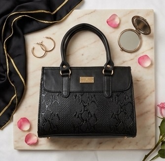 Women’s Elegant Black Embossed Pattern Handbag with Shoulder Strap - Image 4