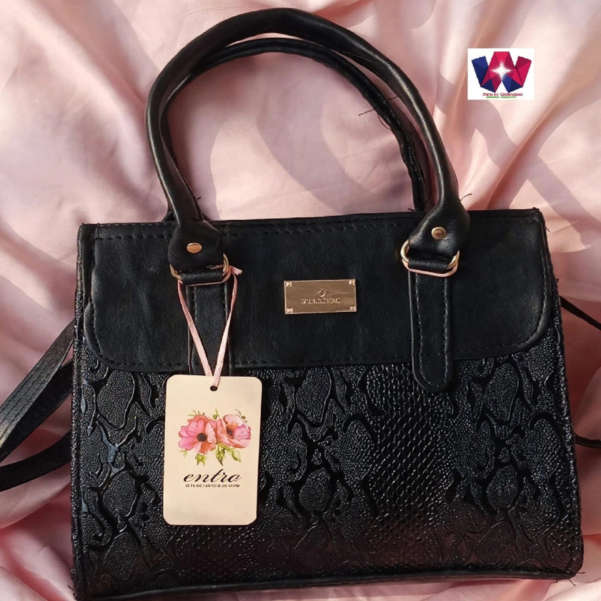 Women’s Elegant Black Embossed Pattern Handbag with Shoulder Strap