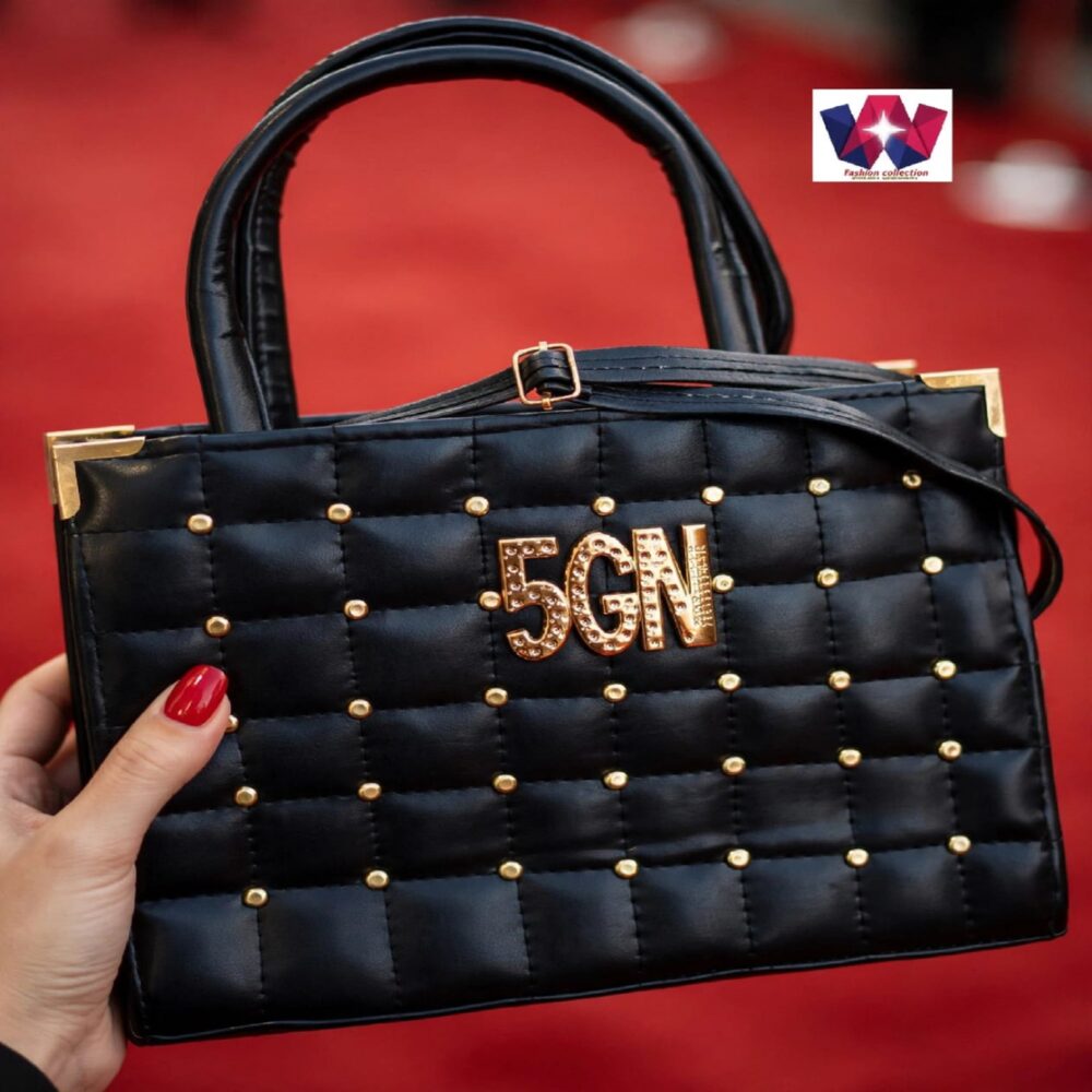Black Quilted Handbag with Gold Studs & 5GN Statement Detail