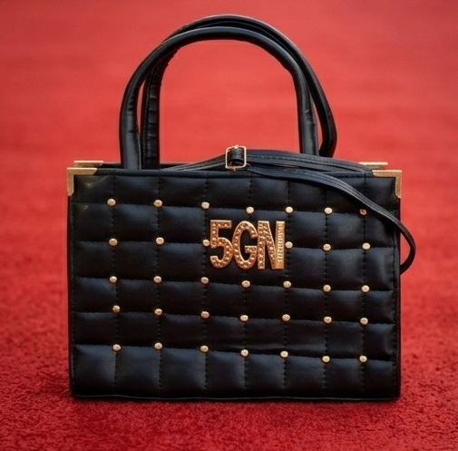 Black Quilted Handbag with Gold Studs & 5GN Statement Detail - Image 2