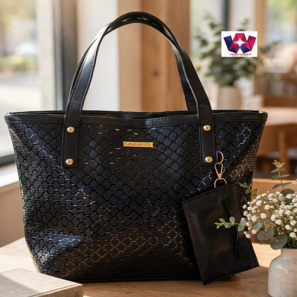 Black Textured Tote Handbag with Matching Zip Pouch