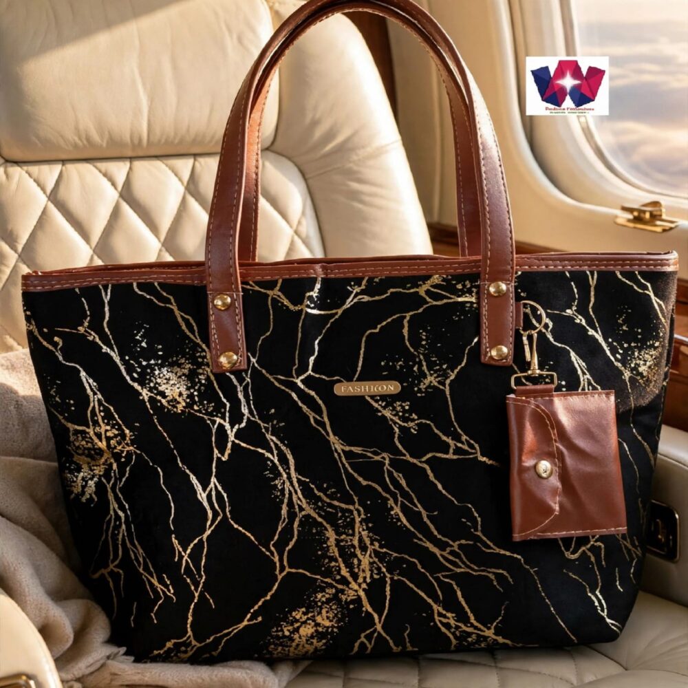 Black Marble Print Tote Handbag with Brown Handles & Gold Accents