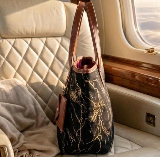 Black Marble Print Tote Handbag with Brown Handles & Gold Accents - Image 2