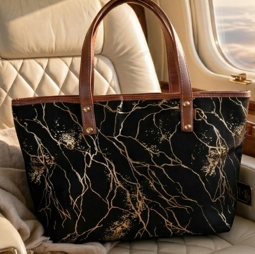 Black Marble Print Tote Handbag with Brown Handles & Gold Accents - Image 3
