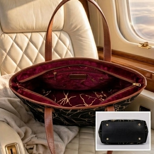 Black Marble Print Tote Handbag with Brown Handles & Gold Accents - Image 4