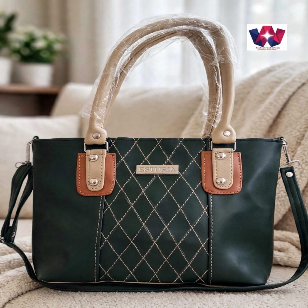 Dark Green Quilted Tote Handbag with Beige Handles and Shoulder Strap