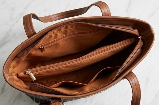 Black and Brown Striped Tote Handbag with Matching Zipper Pouch - Image 2