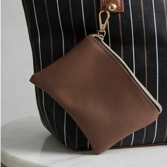 Black and Brown Striped Tote Handbag with Matching Zipper Pouch - Image 6