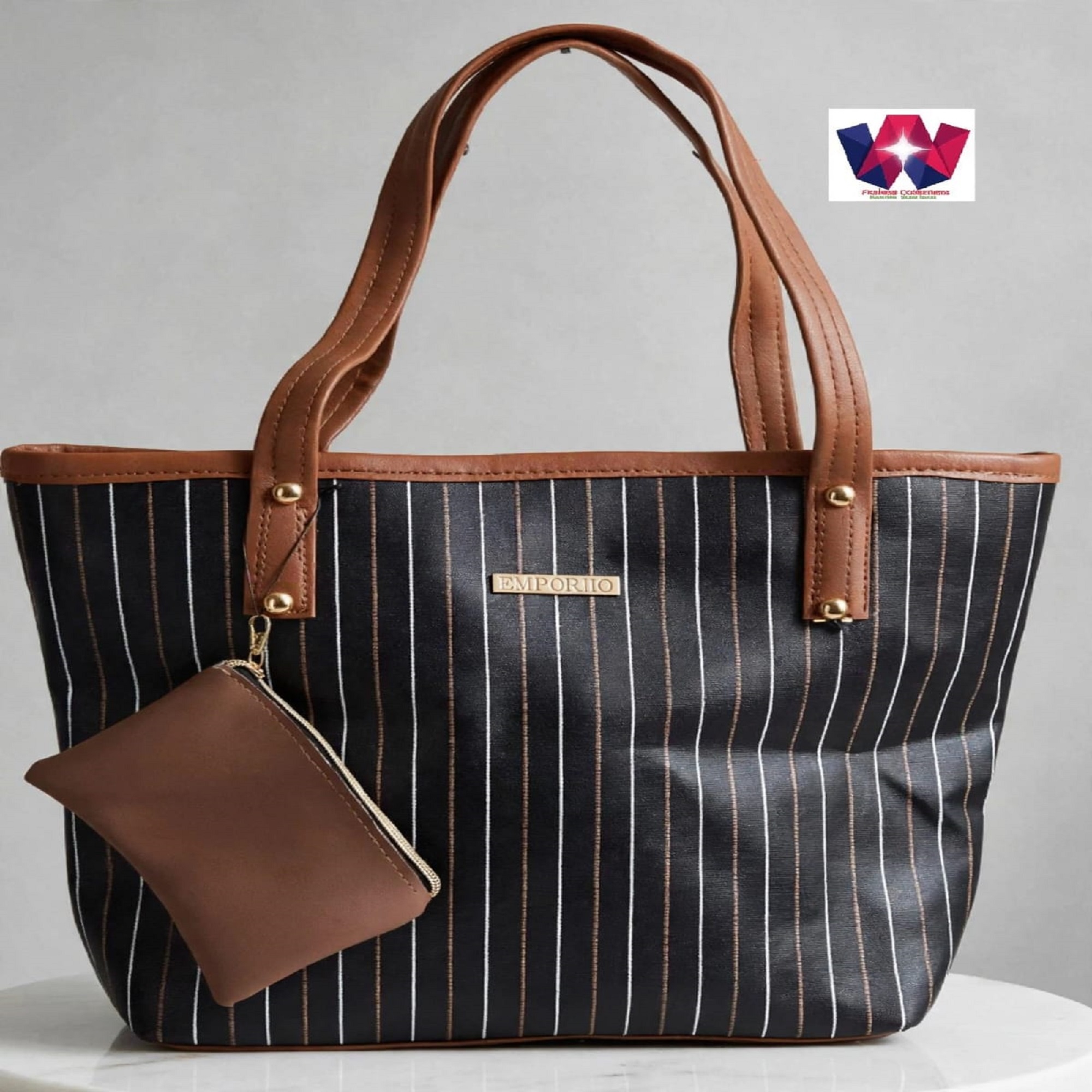 Black and Brown Striped Tote Handbag with Matching Zipper Pouch