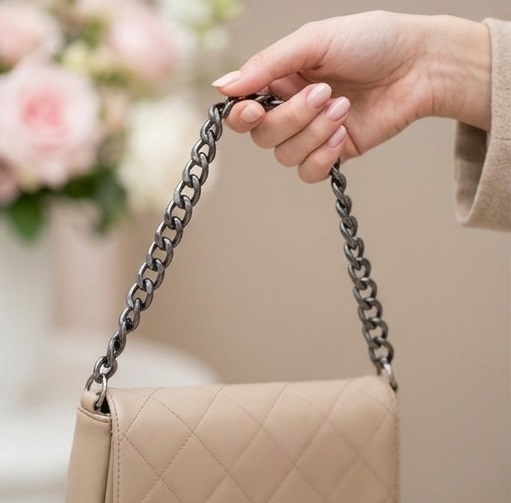 Beige Quilted Chain Shoulder Bag with Silver Hardware - Image 3